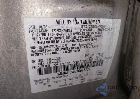 2009 Mercury Sable из США, поврежденный, VIN 1MEHM40W09G615721